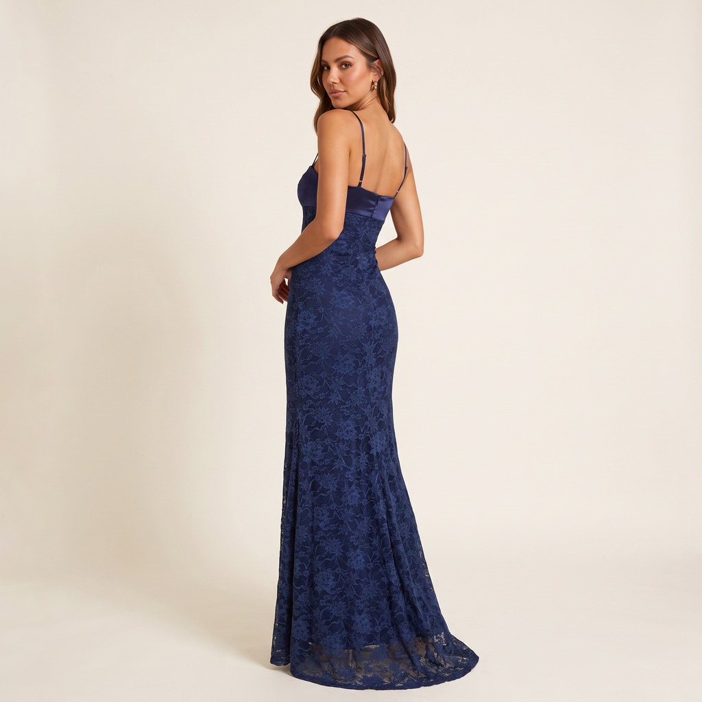 Aveline Sweetheart Lace & Satin Maxi Formal Dress – Navy – back view