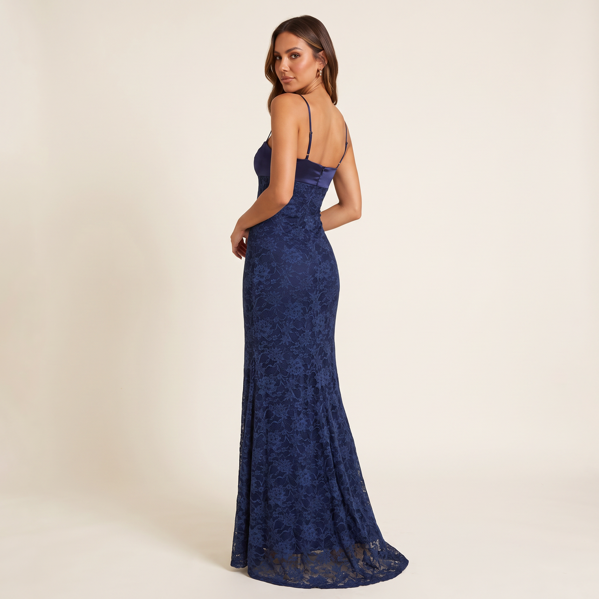 Aveline Sweetheart Lace & Satin Maxi Formal Dress – Navy – back view