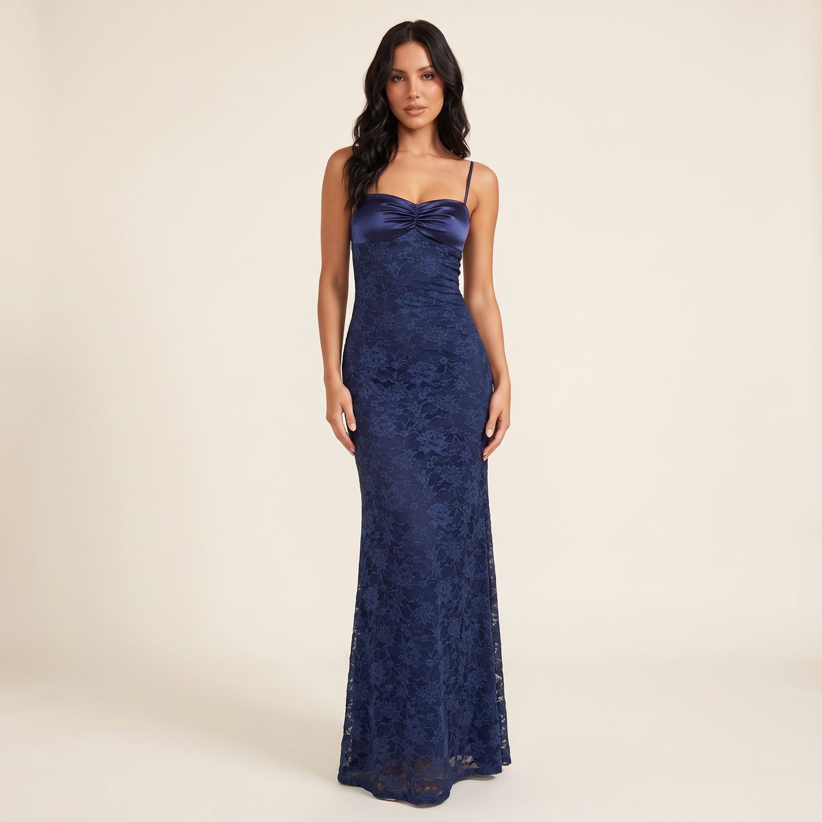 Aveline Sweetheart Lace & Satin Maxi Formal Dress – Navy – front view