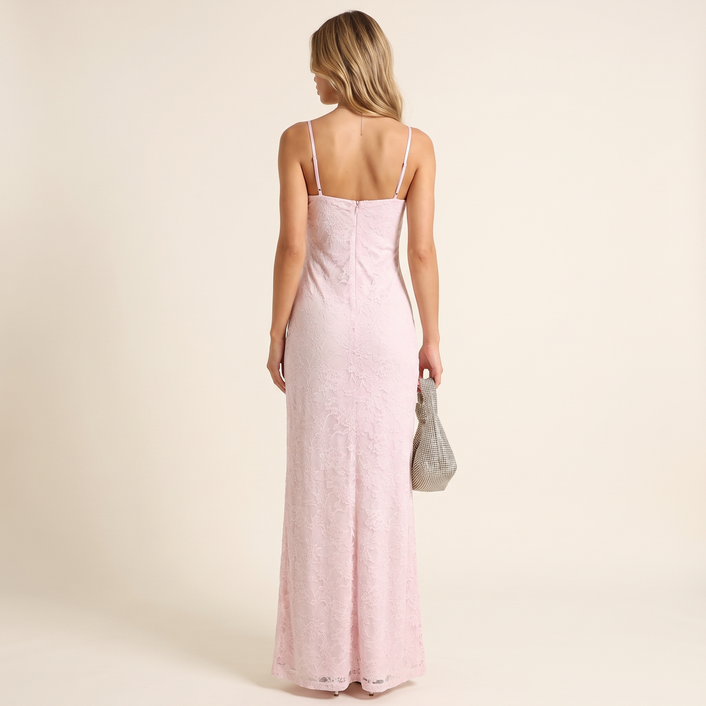 Aveline Sweetheart Lace & Satin Maxi Formal Dress – Pink – back view