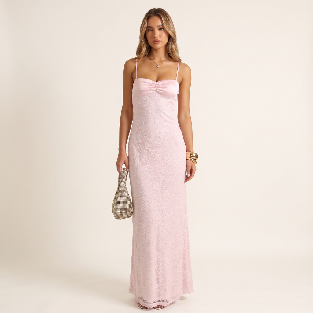 Aveline Sweetheart Lace & Satin Maxi Formal Dress – Pink – front view