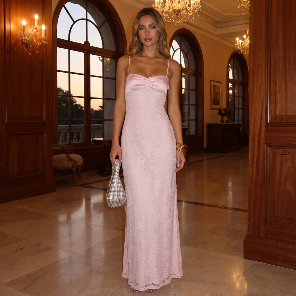 Aveline Sweetheart Lace & Satin Maxi Formal Dress – Pink – lifestyle