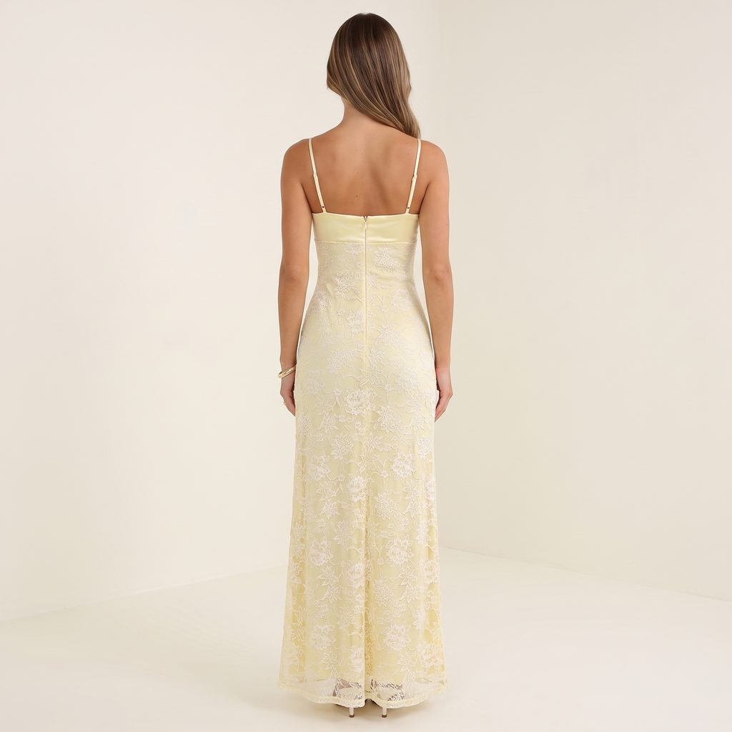 Aveline Sweetheart Lace & Satin Maxi Formal Dress – Yellow – back view