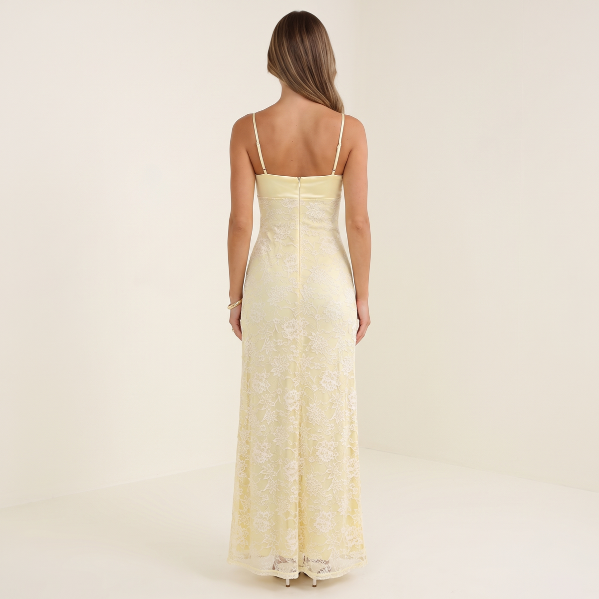 Aveline Sweetheart Lace & Satin Maxi Formal Dress – Yellow – back view