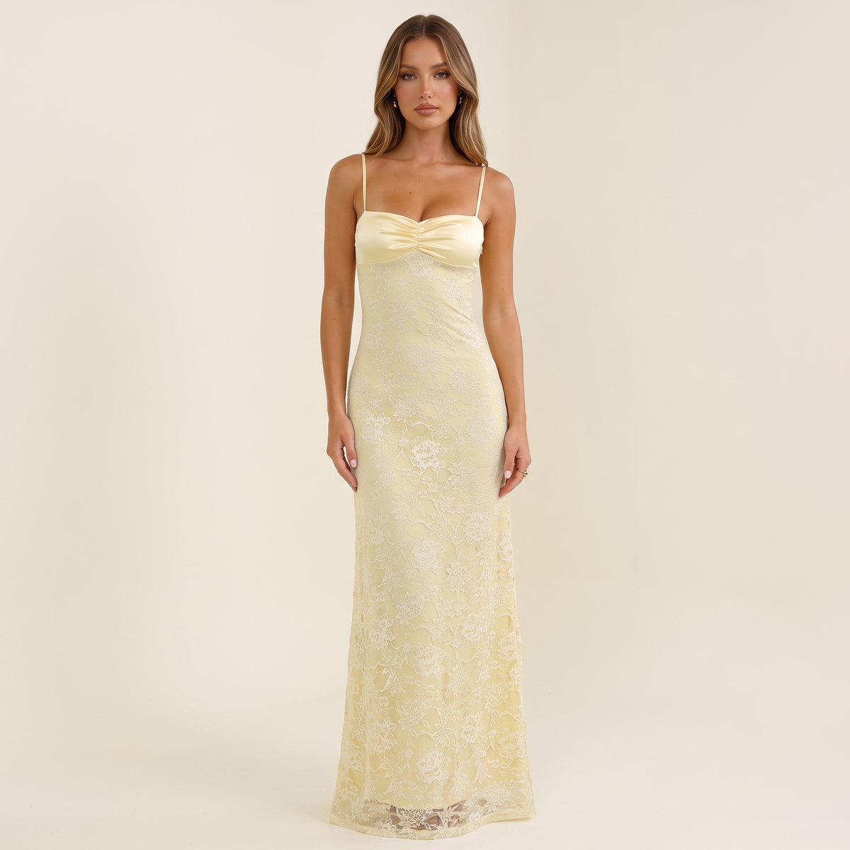 Aveline Sweetheart Lace & Satin Maxi Formal Dress – Yellow – front view