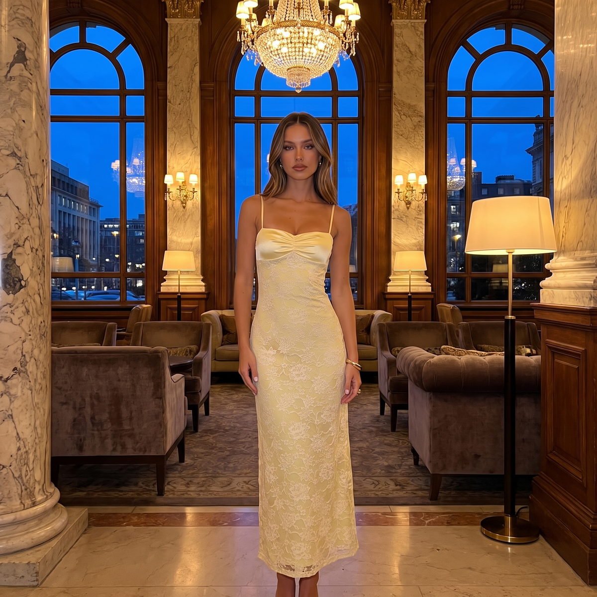 Aveline Sweetheart Lace & Satin Maxi Formal Dress – Yellow – lifestyle