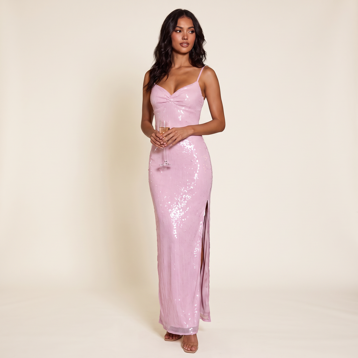 Azalea Gathered Bust Sequin Maxi Dress – Pink – front view