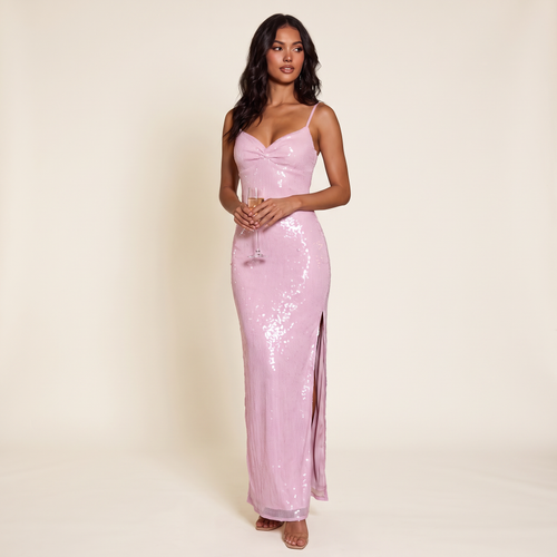 Azalea Gathered Bust Sequin Maxi Dress – Pink – front view