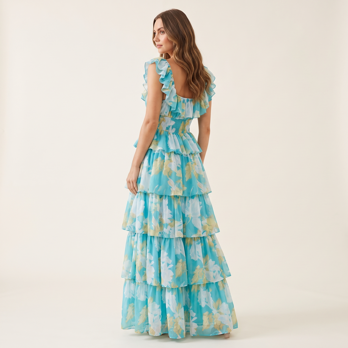 Belladonna Square Neck Ruffle Strap Floral Maxi Dress – Aqua – back view