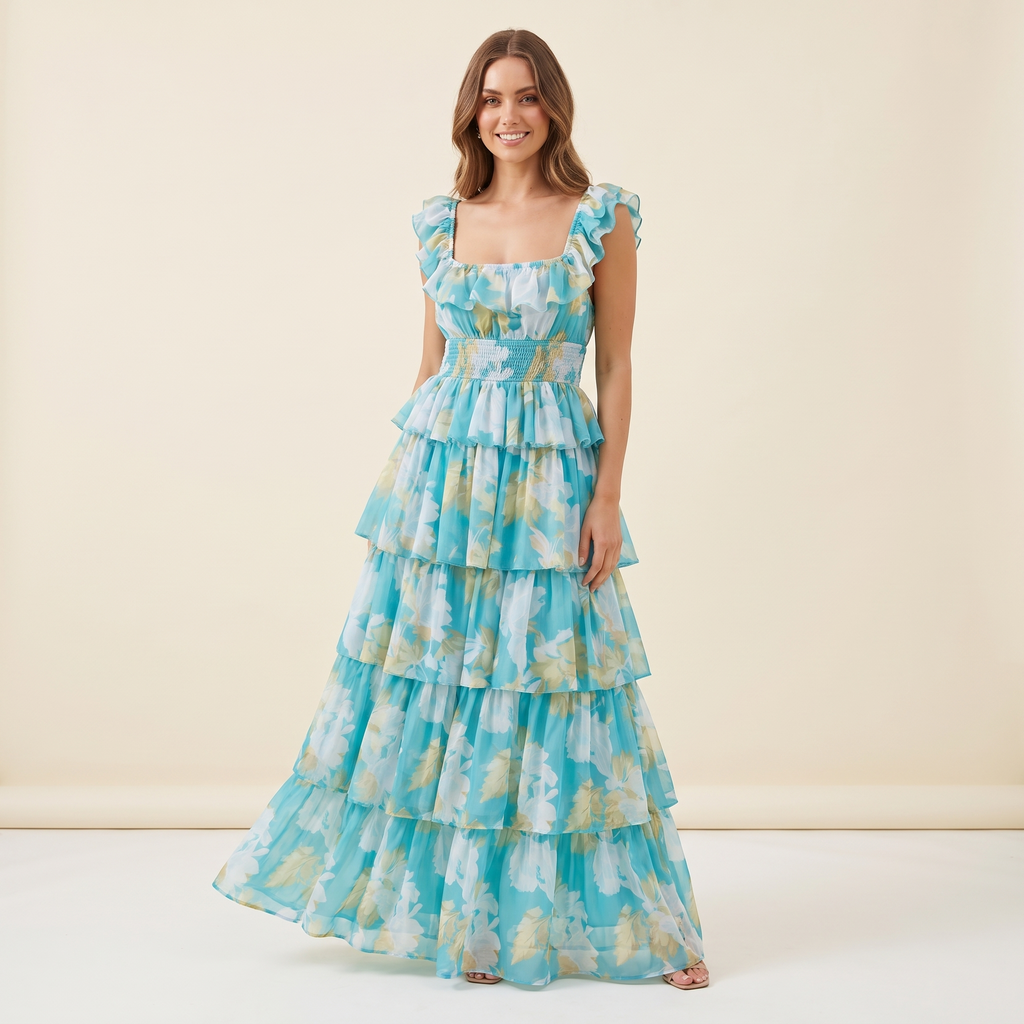 Belladonna Square Neck Ruffle Strap Floral Maxi Dress – Aqua – front view