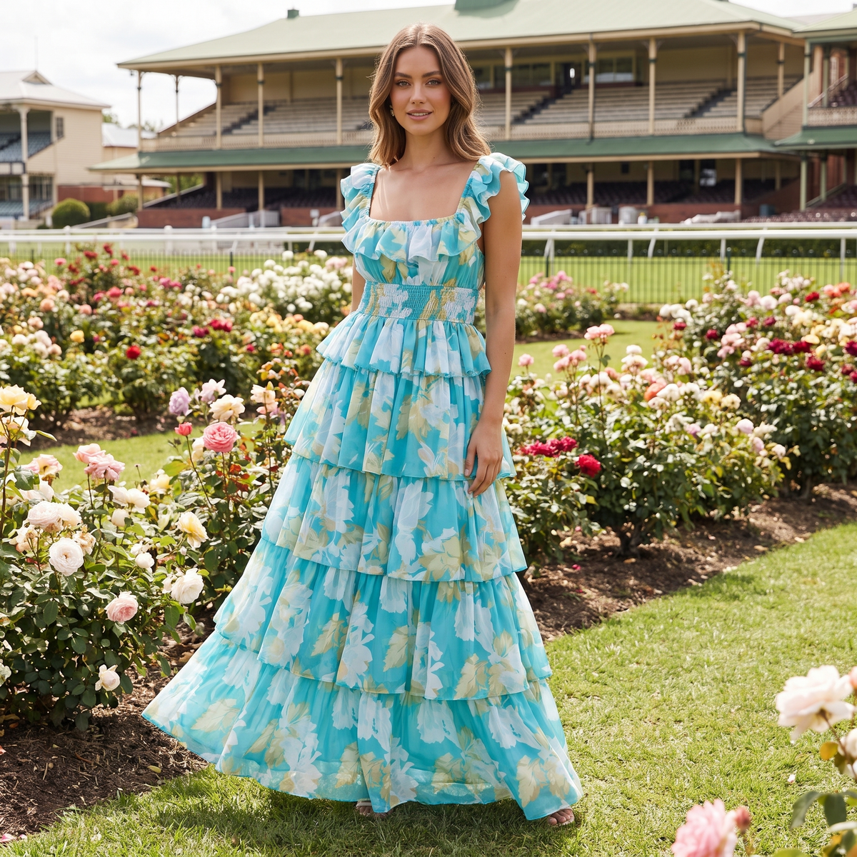 Belladonna Square Neck Ruffle Strap Floral Maxi Dress – Aqua – lifestyle