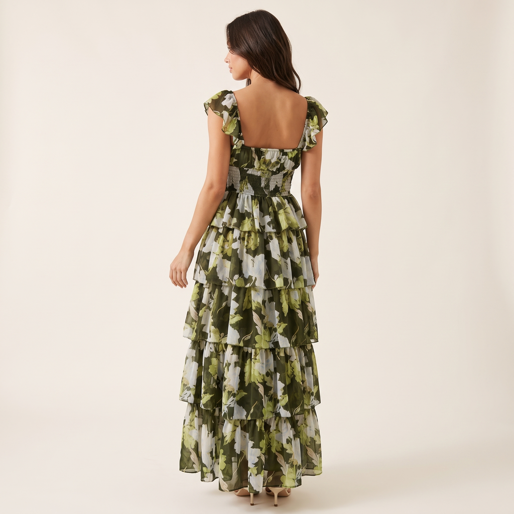 Belladonna Square Neck Ruffle Strap Floral Maxi Dress – Green Floral – back view