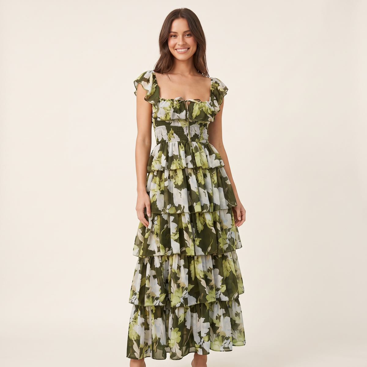 Belladonna Square Neck Ruffle Strap Floral Maxi Dress – Green Floral – front view