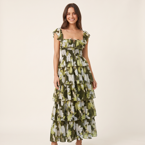 Belladonna Square Neck Ruffle Strap Floral Maxi Dress – Green Floral – front view