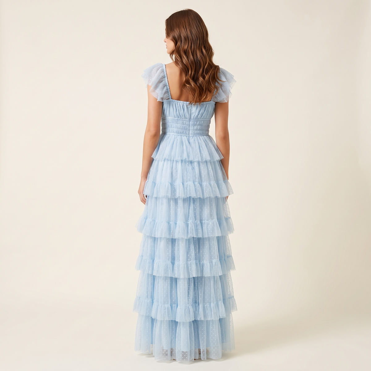 Belladonna Square Neck Ruffle Strap Tulle Maxi Dress – Blue – back view