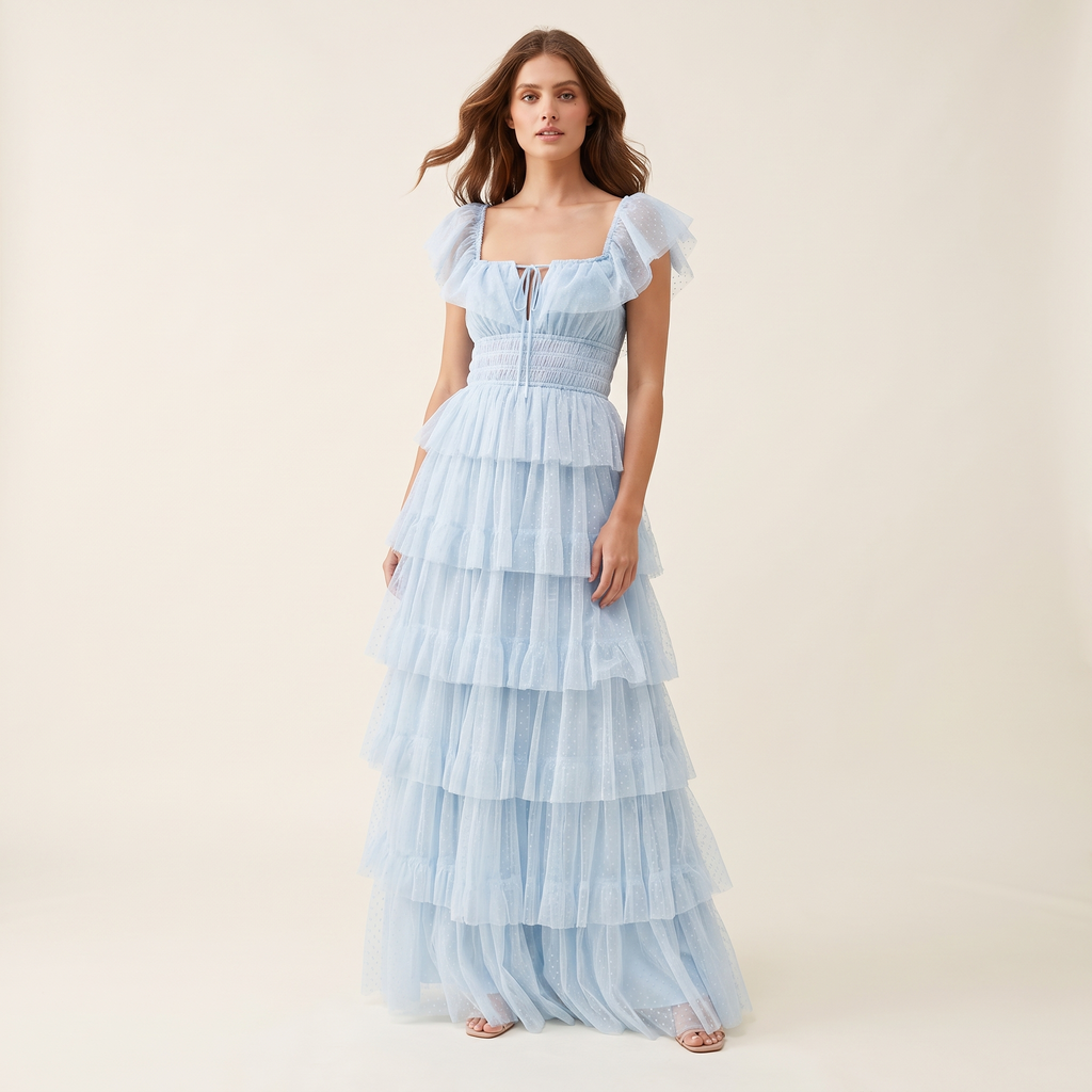 Belladonna Square Neck Ruffle Strap Tulle Maxi Dress – Blue – front view