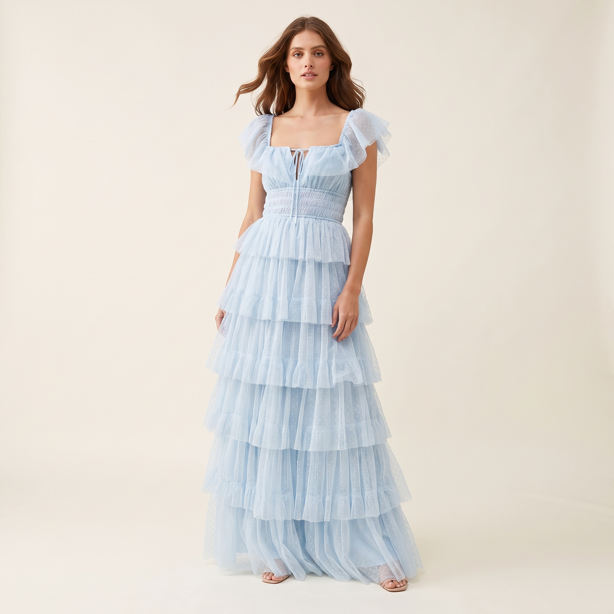 Belladonna Square Neck Ruffle Strap Tulle Maxi Dress – Blue – front view