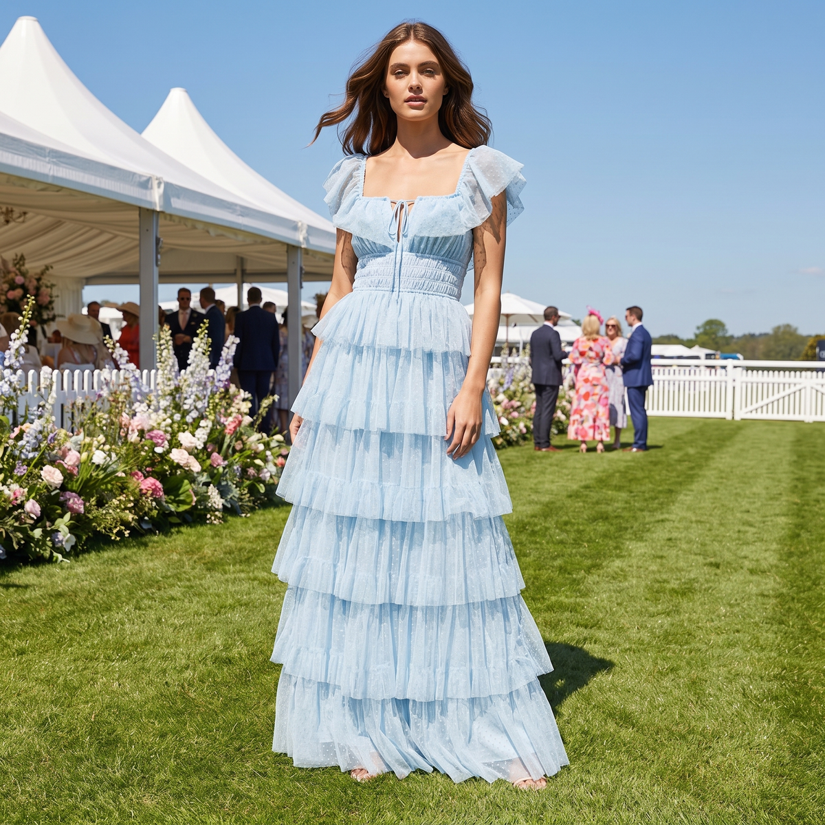 Belladonna Square Neck Ruffle Strap Tulle Maxi Dress – Blue – lifestyle