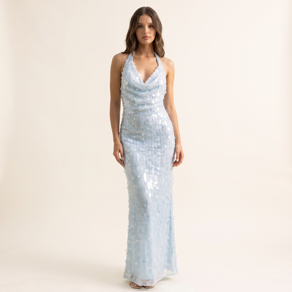 Bellamy Halter Cowl Sequin Maxi Dress – Light Blue – front view