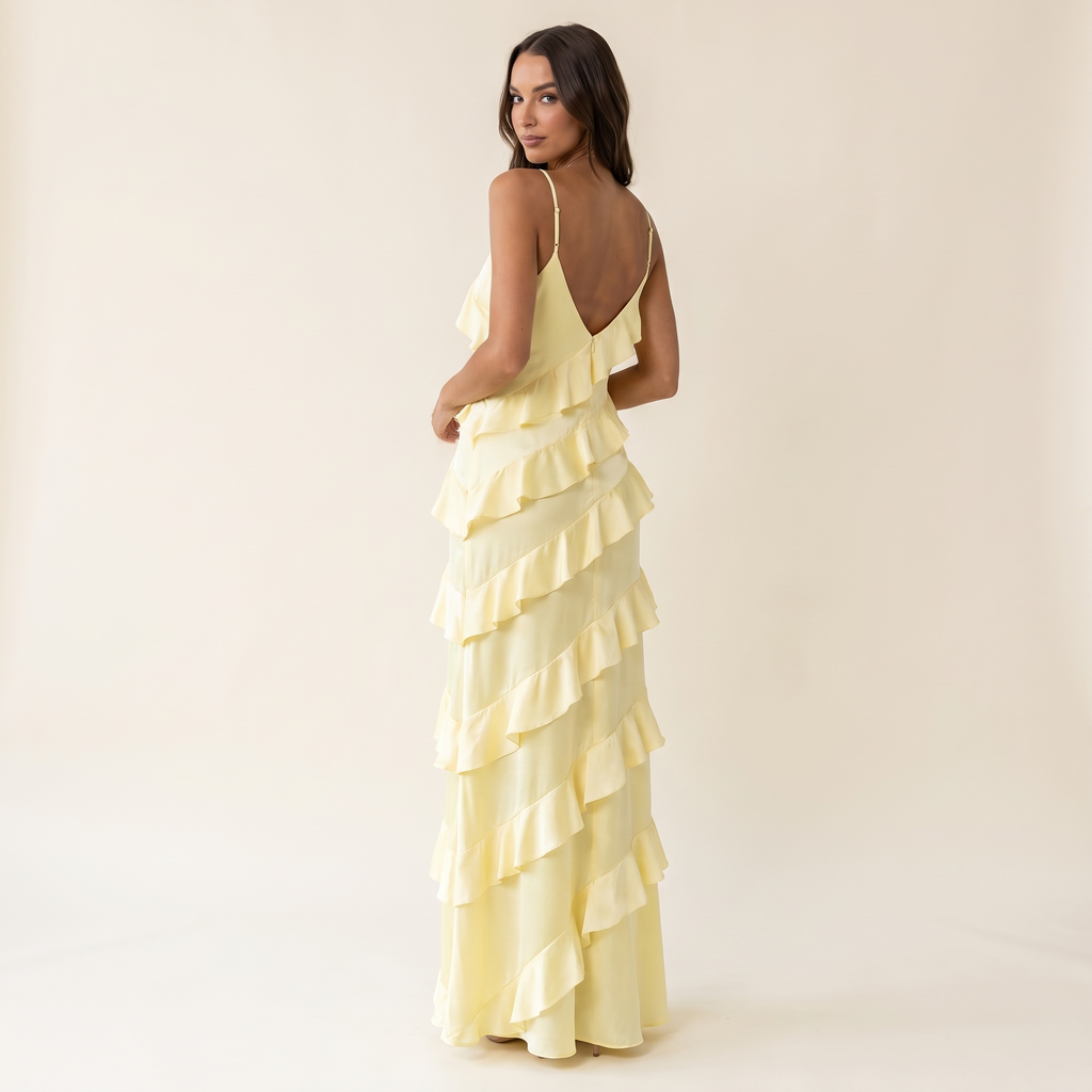 Bellissima Ruffle V-Neck Satin Maxi Dress – Pale Yellow – back view
