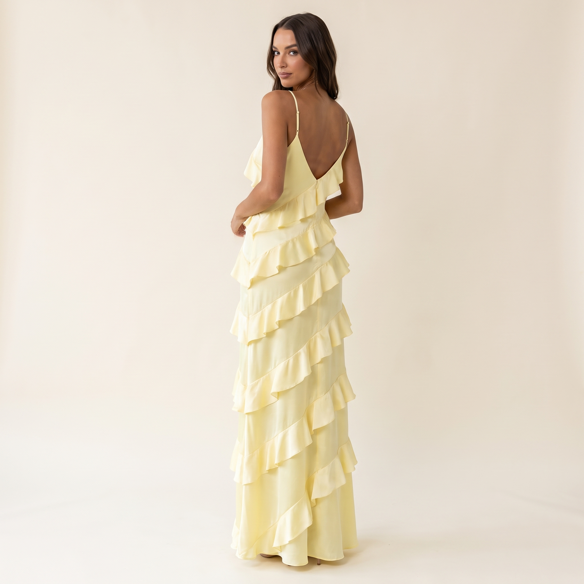 Bellissima Ruffle V-Neck Satin Maxi Dress – Pale Yellow – back view