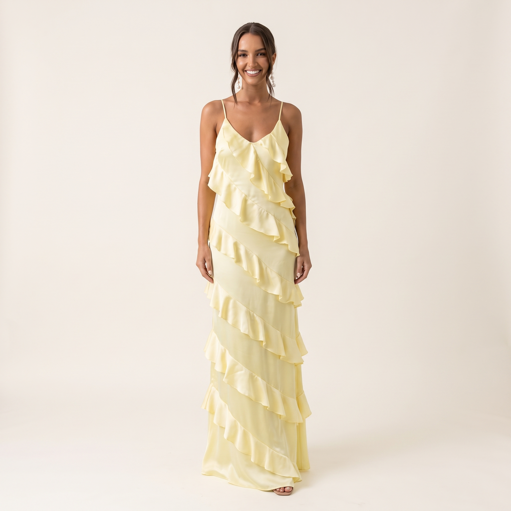 Bellissima Ruffle V-Neck Satin Maxi Dress – Pale Yellow – front view