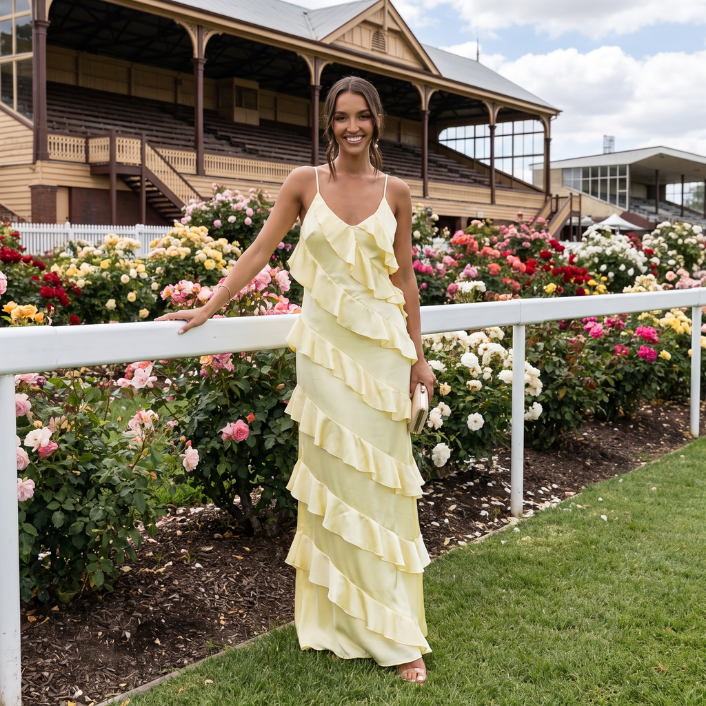 Bellissima Ruffle V-Neck Satin Maxi Dress – Pale Yellow – lifestyle