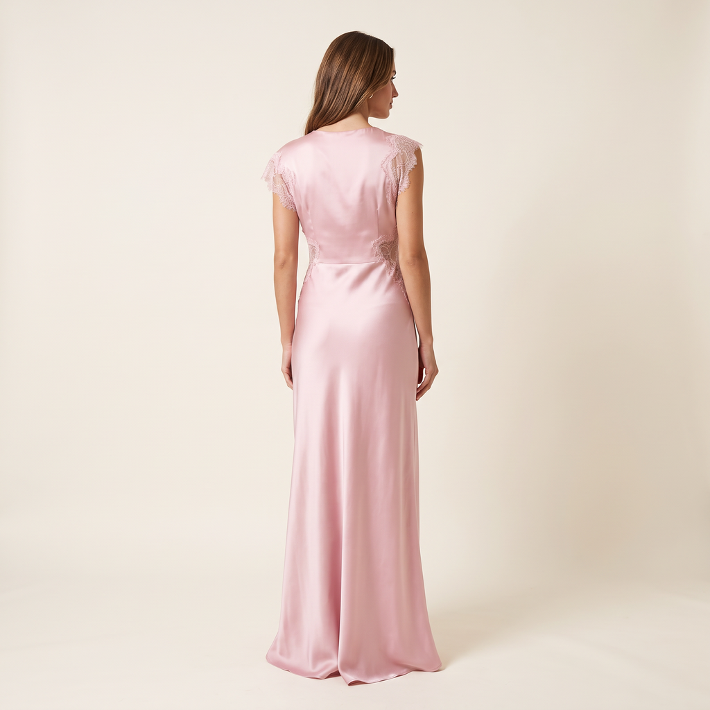 Bettina Asymmetric Short Sleeve Satin Maxi Dress – Pale Pink – back view
