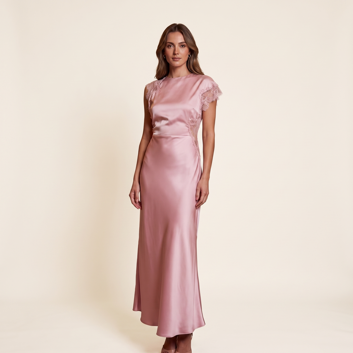 Bettina Asymmetric Short Sleeve Satin Maxi Dress – Pale Pink – front view