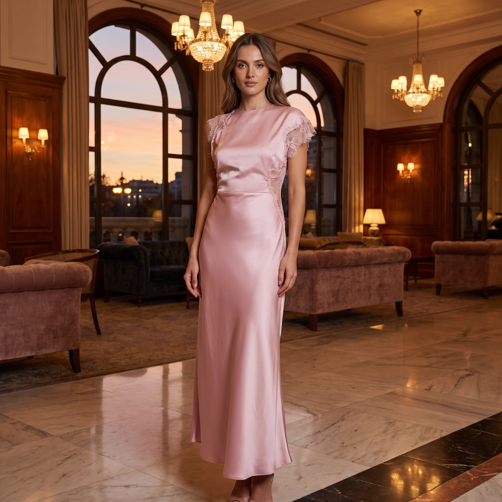 Bettina Asymmetric Short Sleeve Satin Maxi Dress – Pale Pink – lifestyle