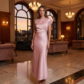 Bettina Asymmetric Short Sleeve Satin Maxi Dress – Pale Pink – lifestyle