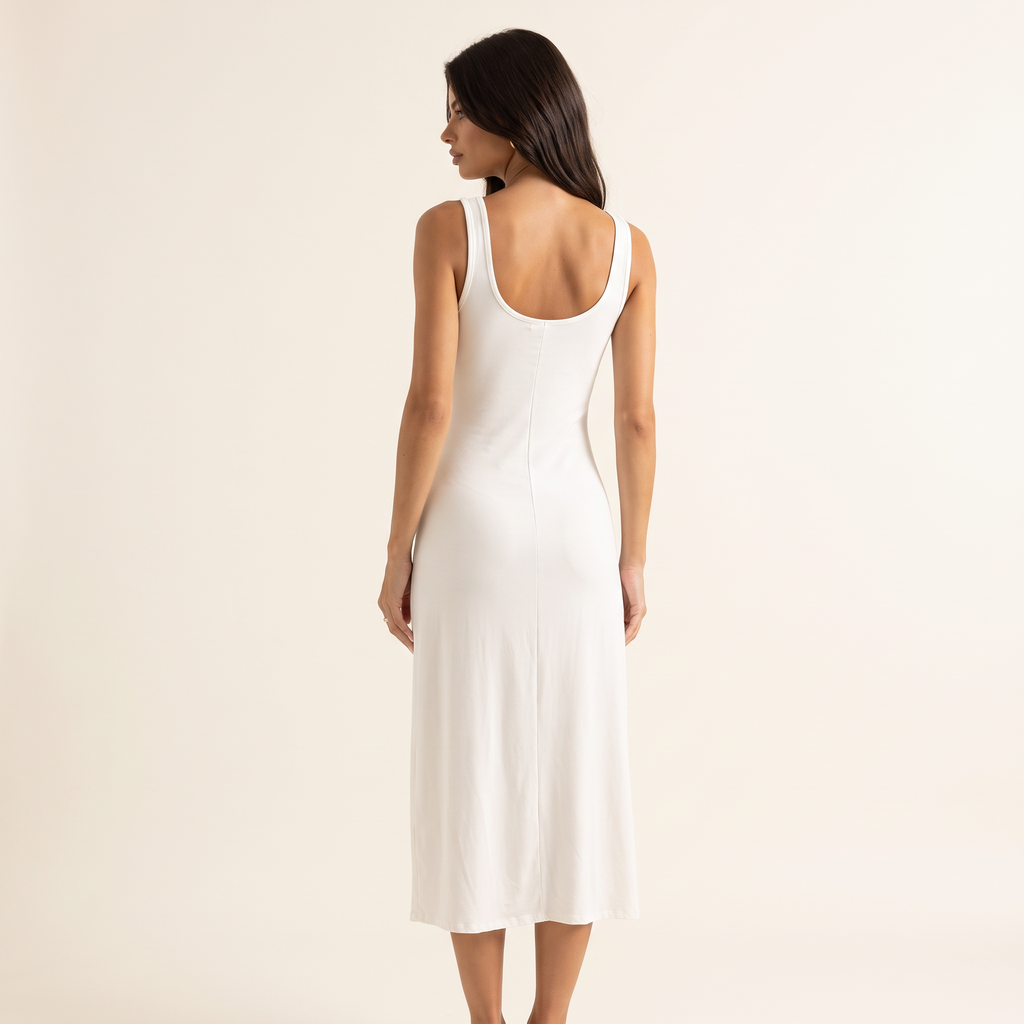 Blanca Button Front Scoop Neck Midi Dress – White – back view