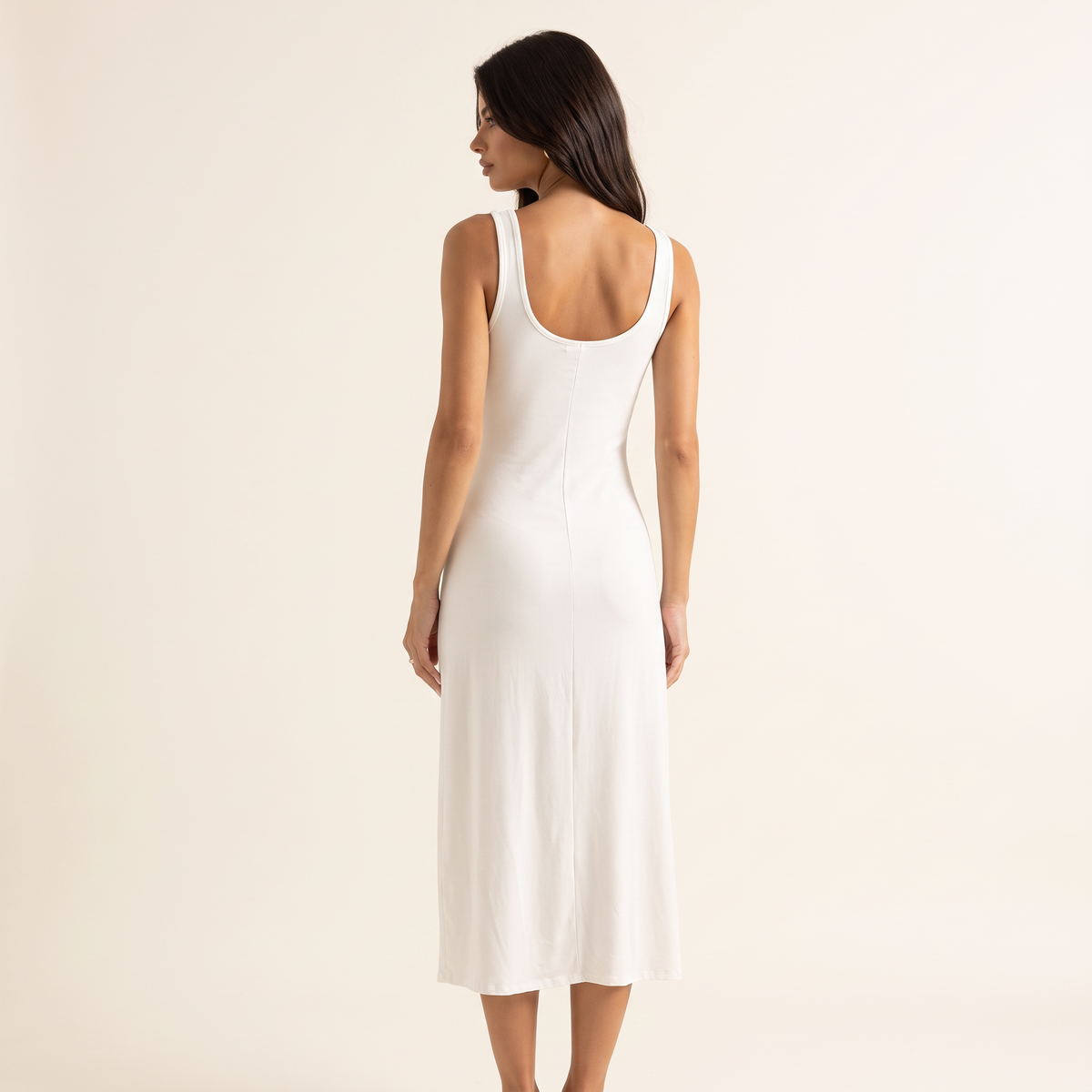 Blanca Button Front Scoop Neck Midi Dress – White – back view