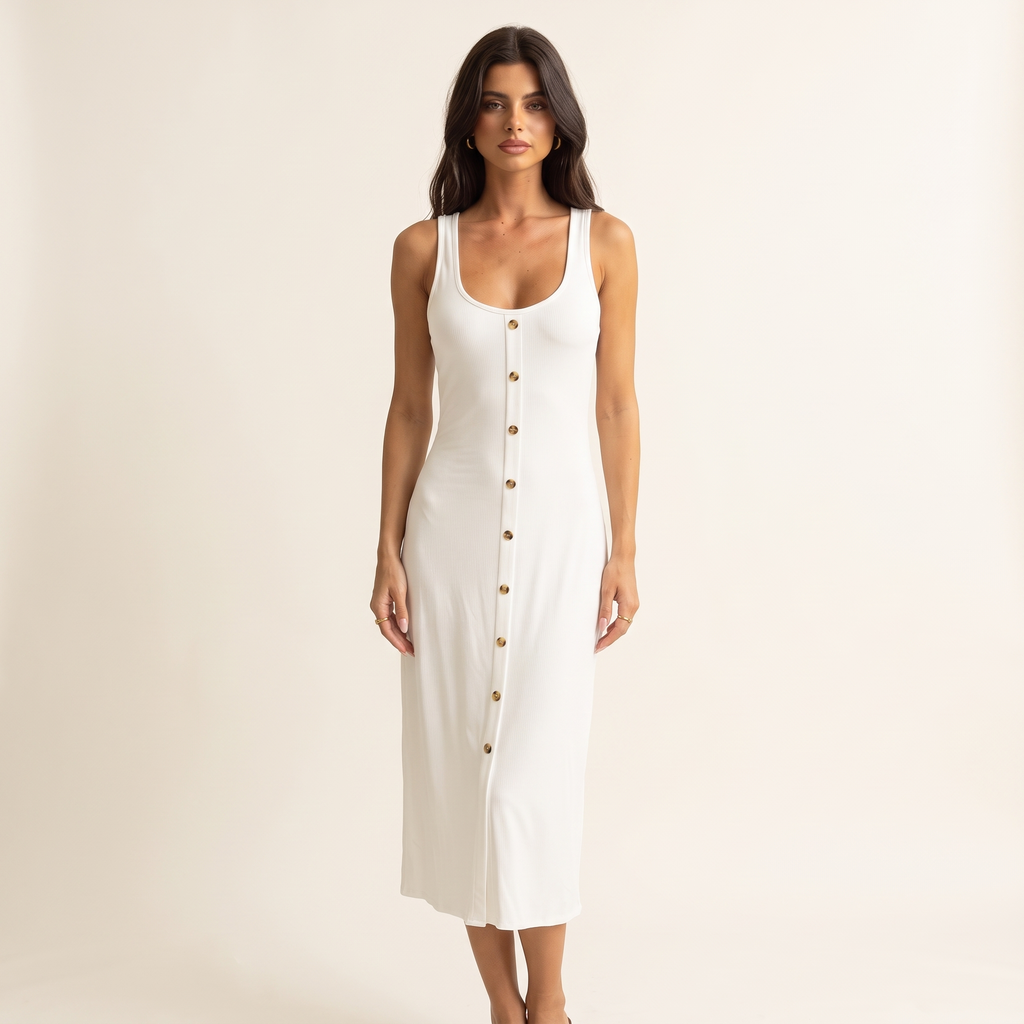 Blanca Button Front Scoop Neck Midi Dress – White – front view