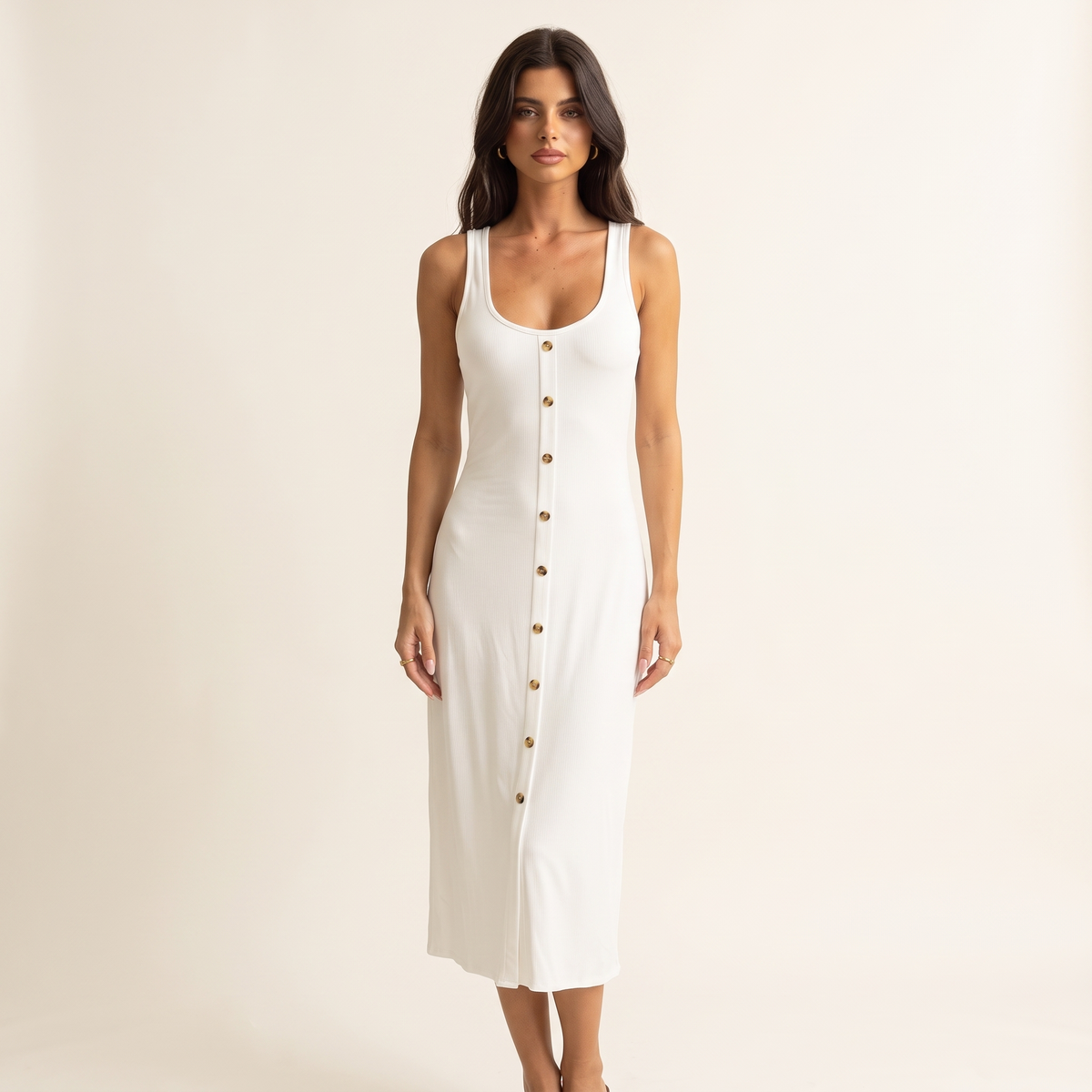 Blanca Button Front Scoop Neck Midi Dress – White – front view