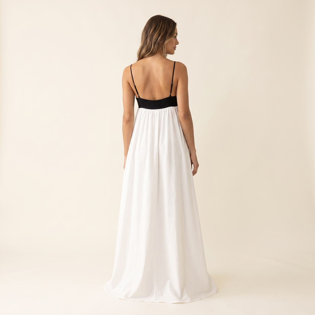 Blanche Contrast Bodice Babydoll Maxi Dress – White – back view