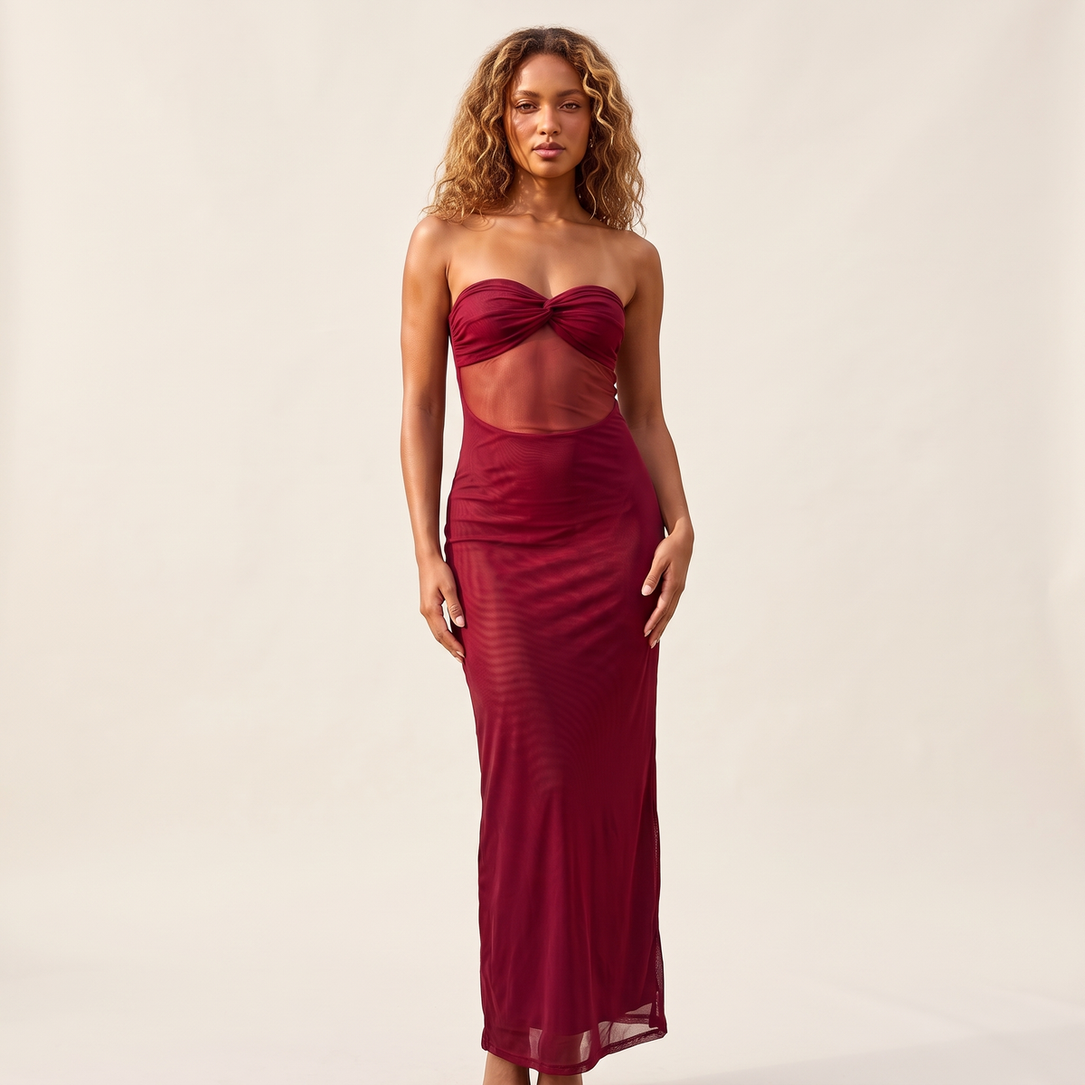 Bordeaux Twist Bust Strapless Mesh Maxi Dress – Wine – front view