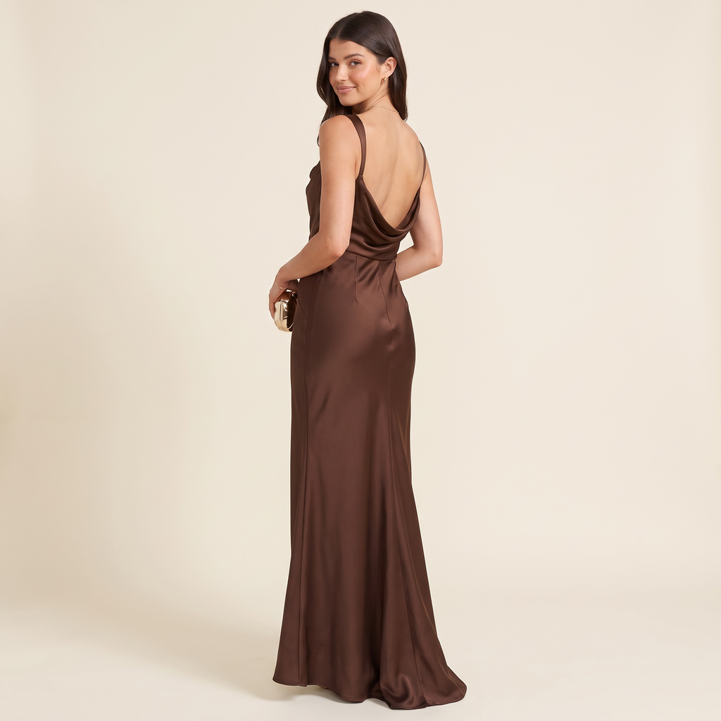 Brielle Cowl Neck Satin Maxi Dress – Chocolate – back view