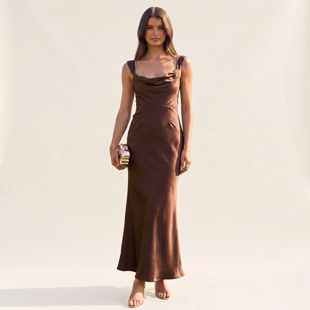 Brielle Cowl Neck Satin Maxi Dress – Chocolate – front view
