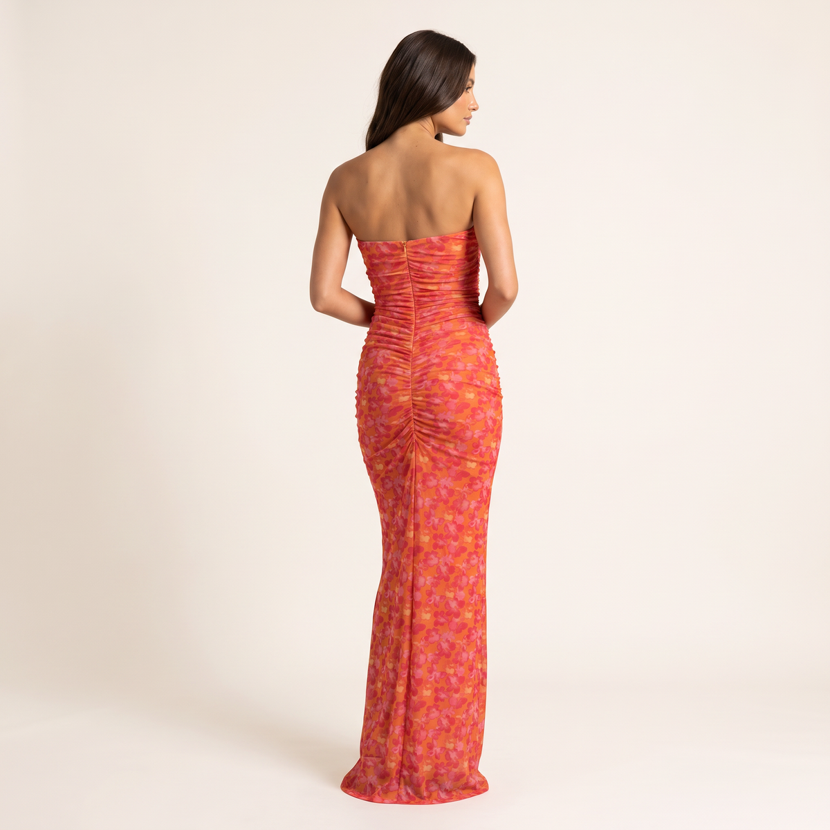 Calendula Ruched Strapless Floral Mesh Maxi Dress – Orange Floral – back view