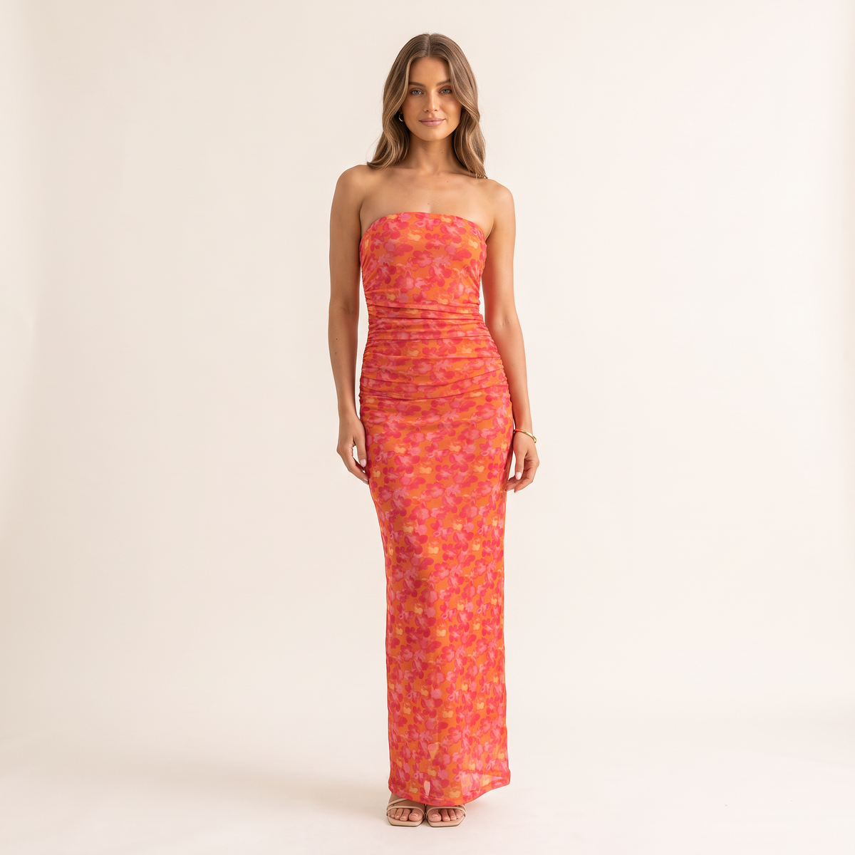 Calendula Ruched Strapless Floral Mesh Maxi Dress – Orange Floral – front view