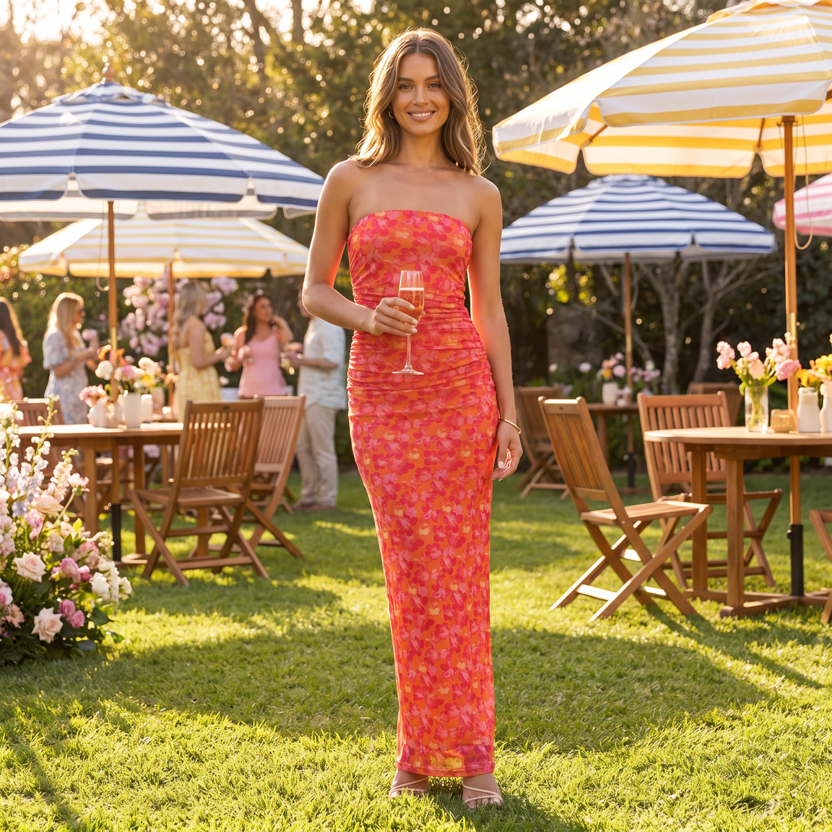 Calendula Ruched Strapless Floral Mesh Maxi Dress – Orange Floral – lifestyle
