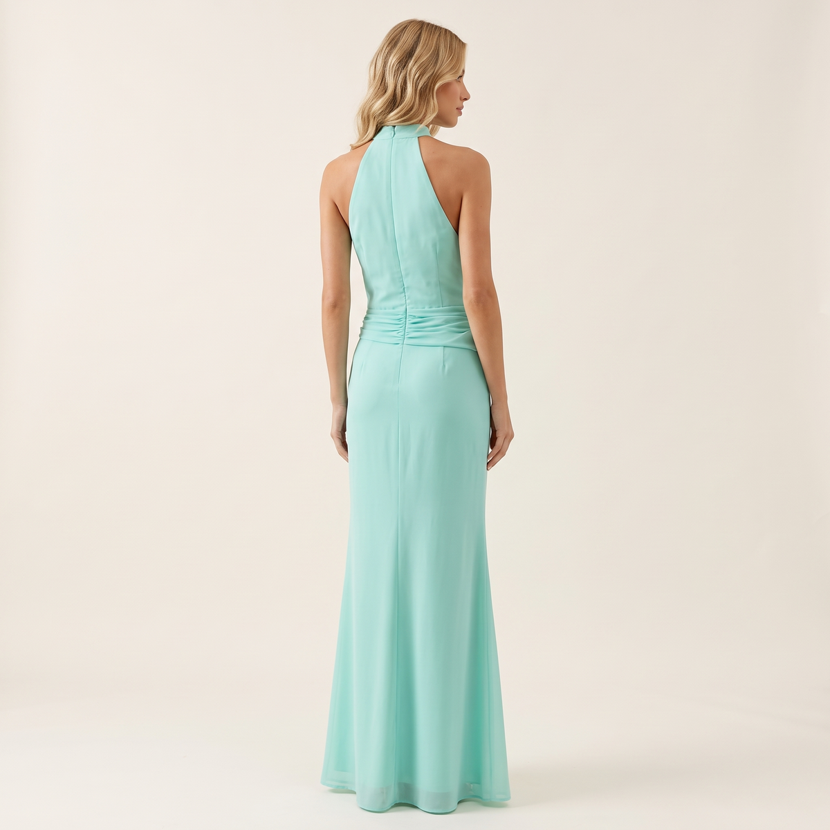 Calista Halter Neck Chiffon Maxi Dress – Aqua – back view
