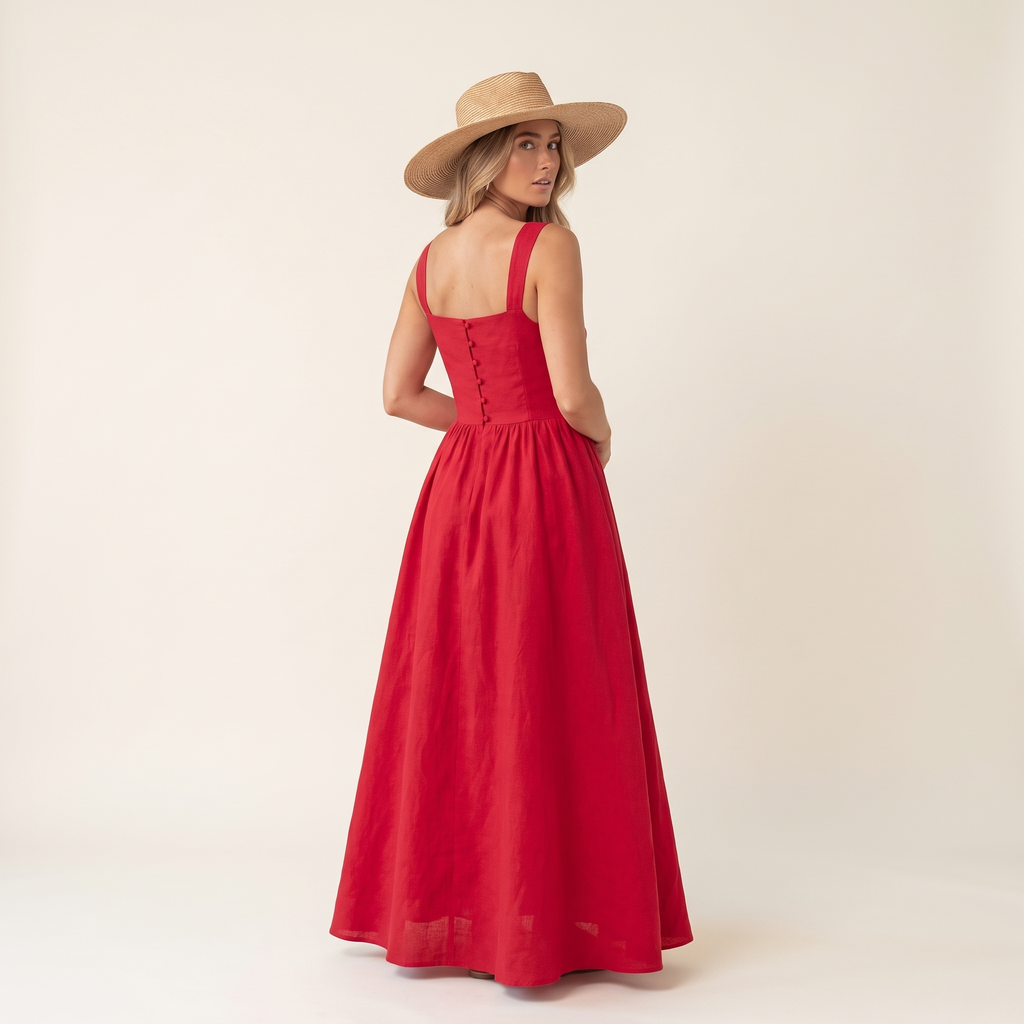 Carmine Square Neck Maxi Dress – Red – back view