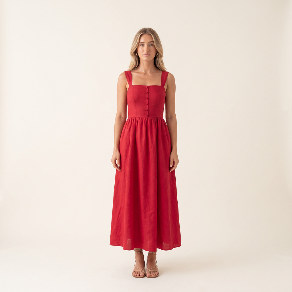 Carmine Square Neck Maxi Dress – Red – front view