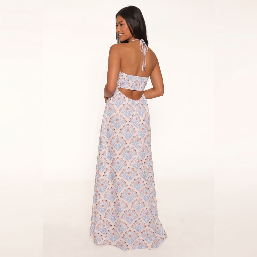 Isola Sweetheart Halter Maxi Dress – White & Blue – back view