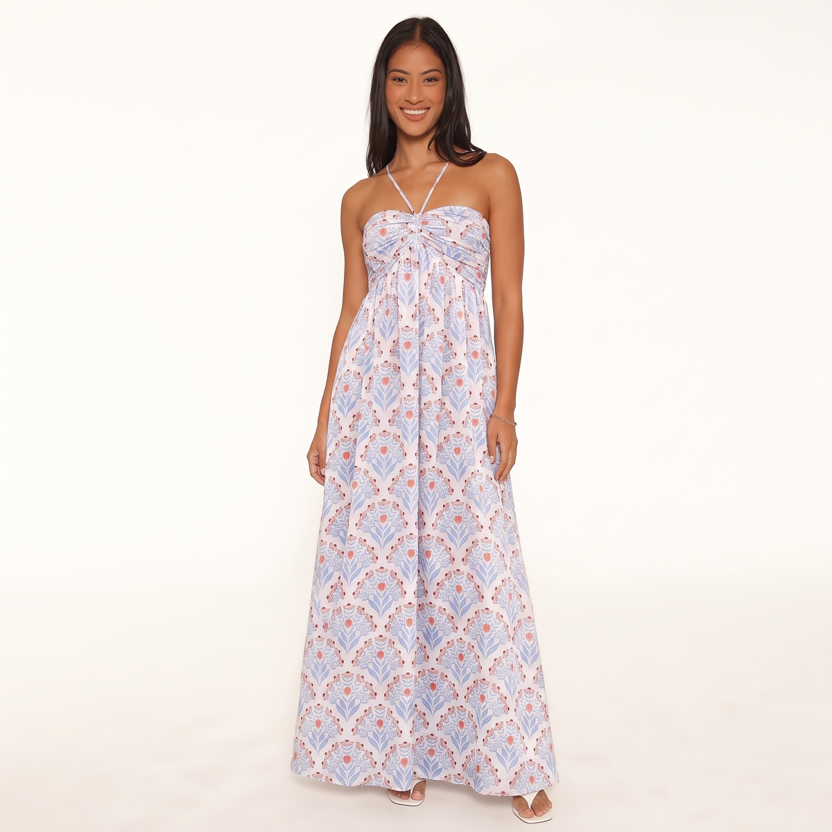 Isola Sweetheart Halter Maxi Dress – White & Blue – front view