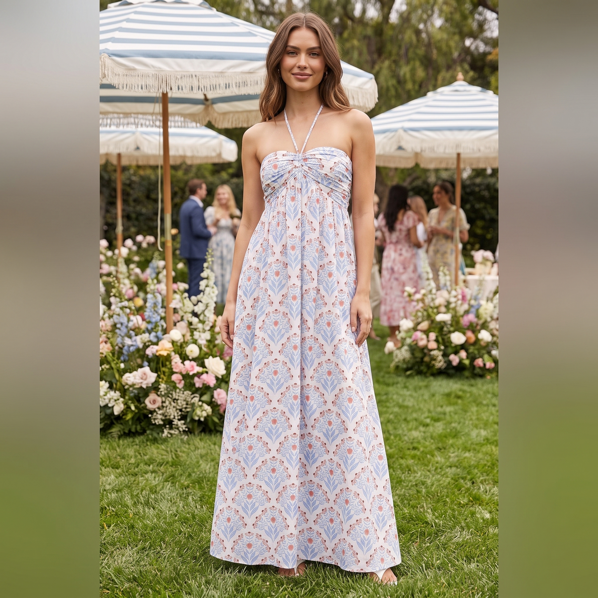 Isola Sweetheart Halter Maxi Dress – White & Blue – lifestyle