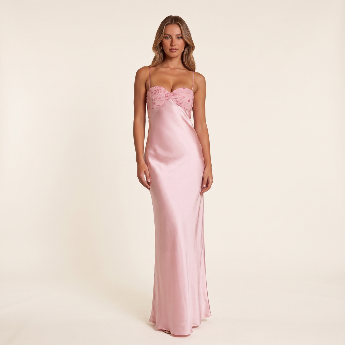 Celestine Beaded Bodice Satin Maxi Dress – Pink – front view