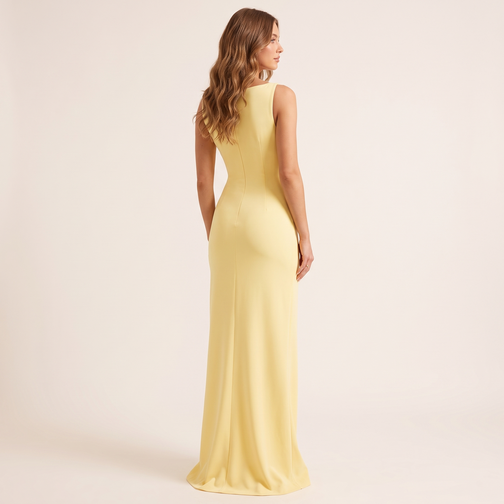 Citrine Boat Neck Bodycon Maxi Dress – Lemon – back view